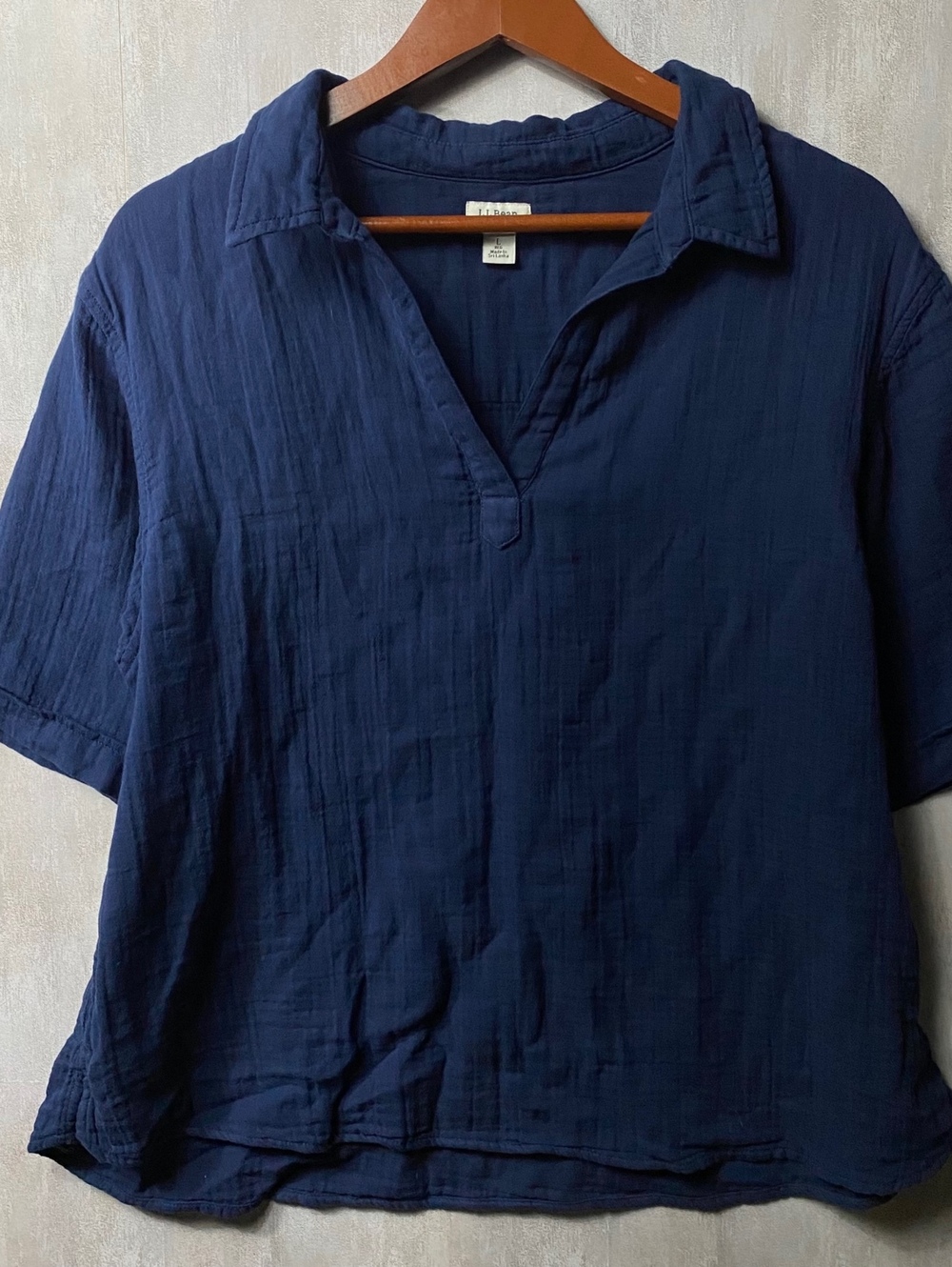 LL Bean Double Gauze Cotton Blouse Womens Large Navy Blue Granola Minimalist
